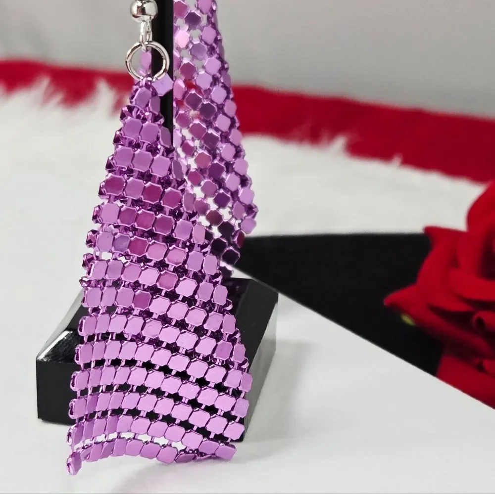 Fuschia Sparkly Sequin Mesh Statement Dangle Earrings Pink Purple Party Glam
